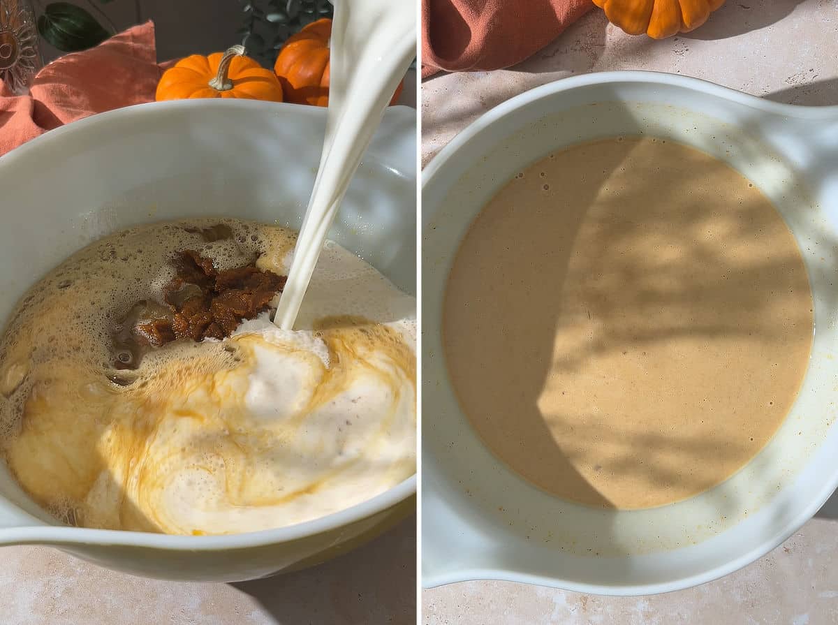 Making the custard mixture for pumpkin bread pudding.