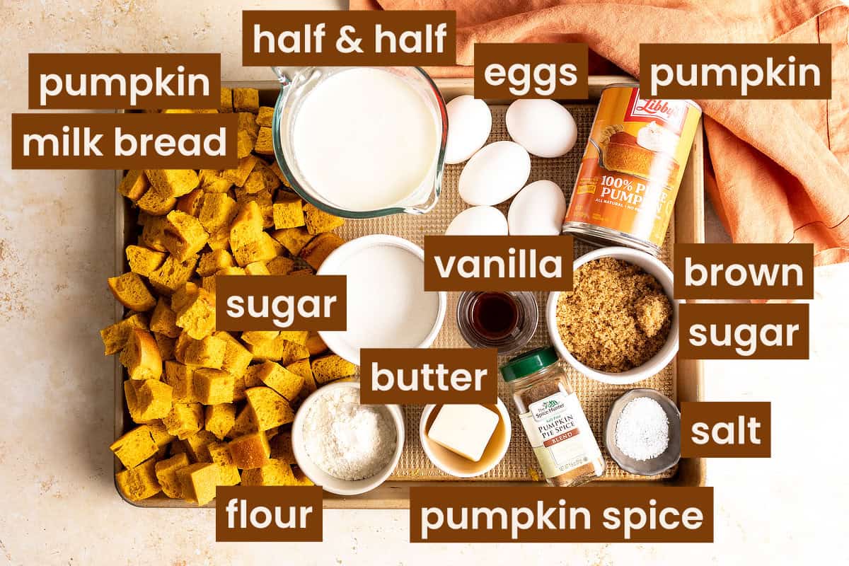 Ingredients for pumpkin bread pudding.