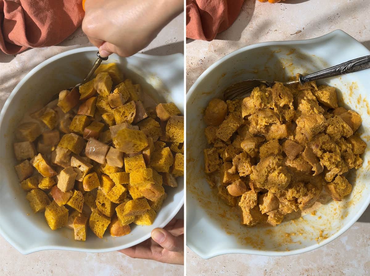 Mixing pumpkin bread cubes in custard.