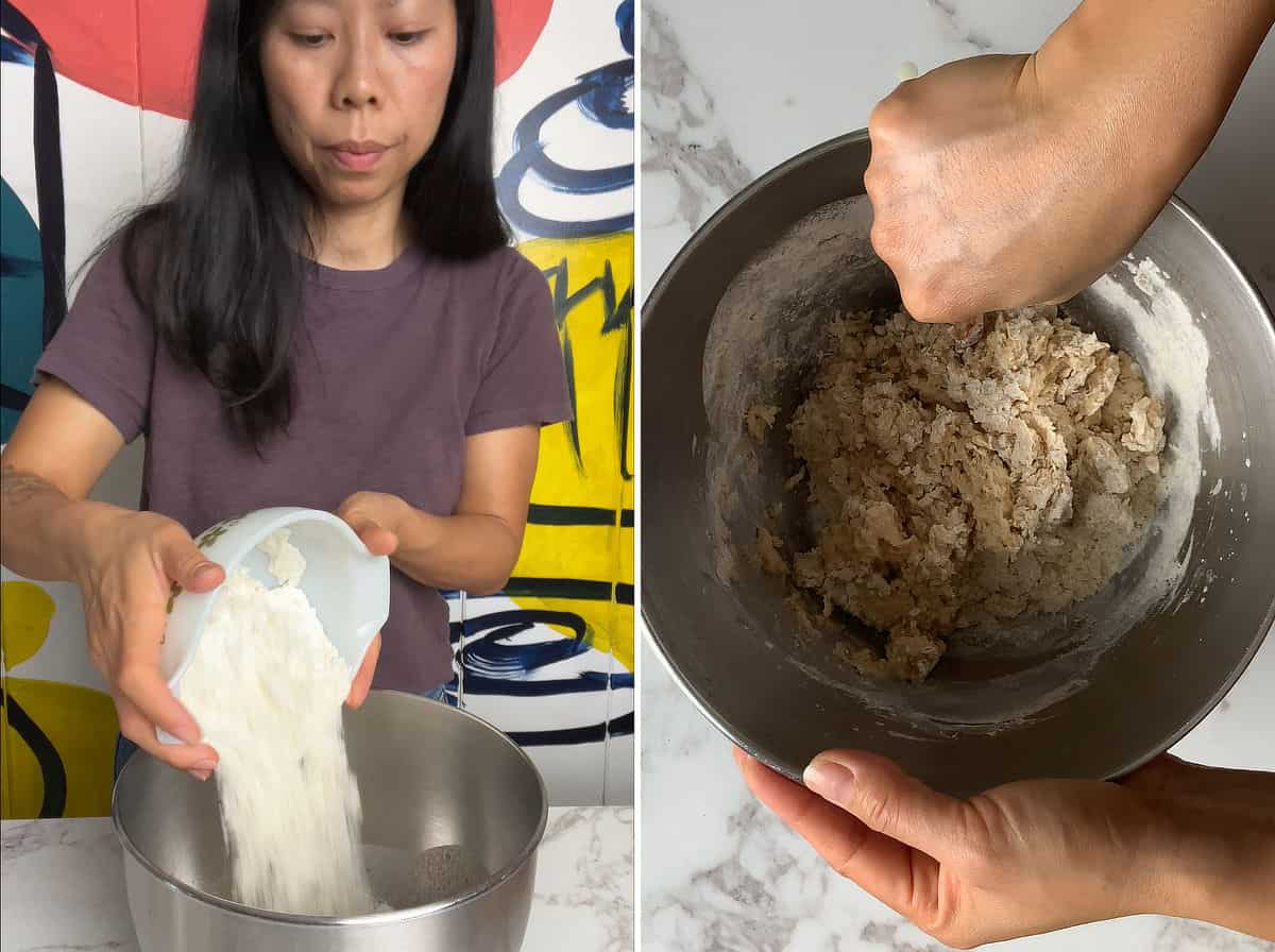 Pouring flour into metal mixing bowl; mixing the dough mixture for autolyse.