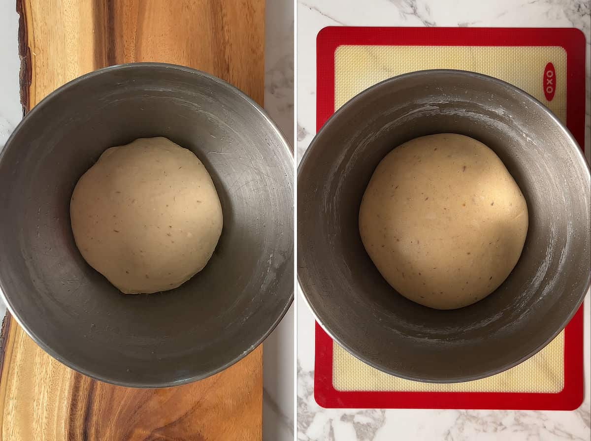 Apple milk bread dough at the start and end of bulk fermentation.
