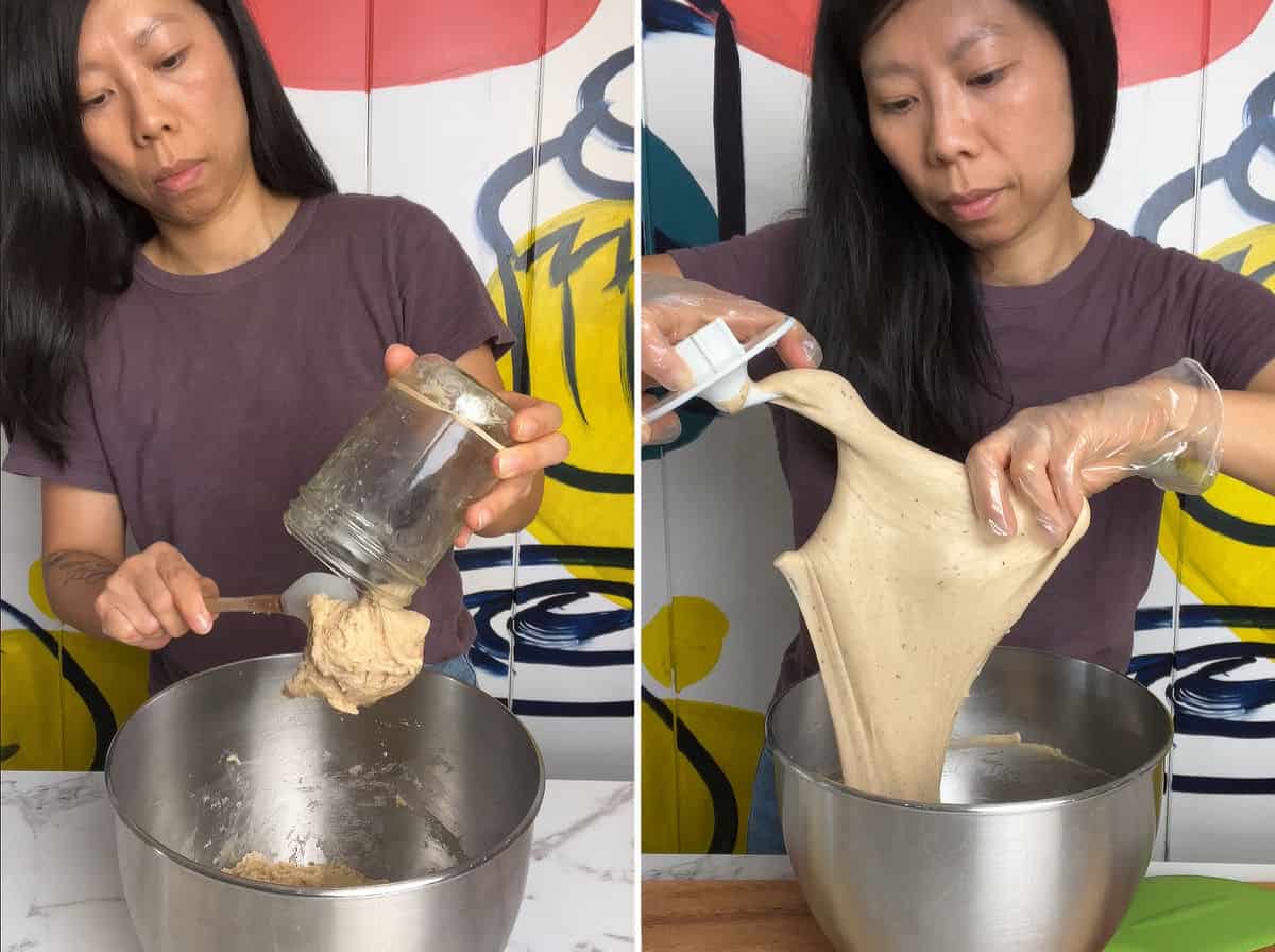 Adding sourdough starter to the mixing bowl; pulling bread dough out with the dough hook.