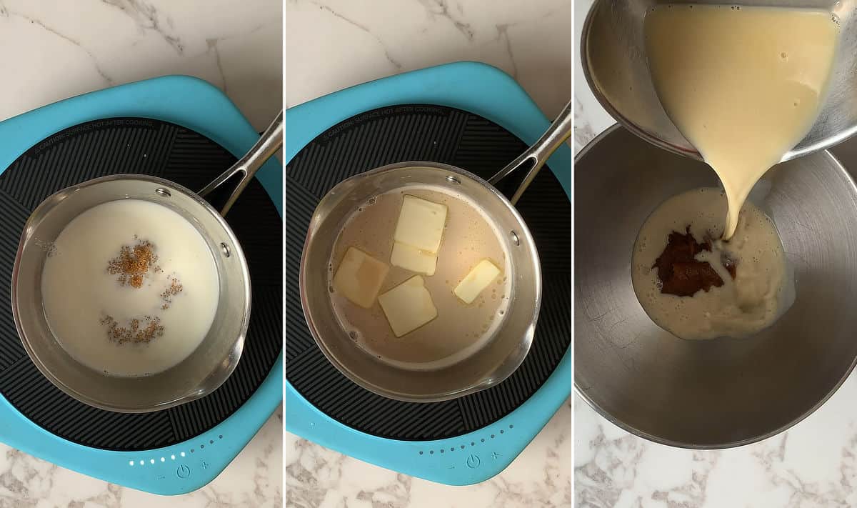 Collage of 3 photos: milk and brown sugar in a saucepan; sliced butter is added; pouring the milk mixture into a mixing bowl with apple butter.