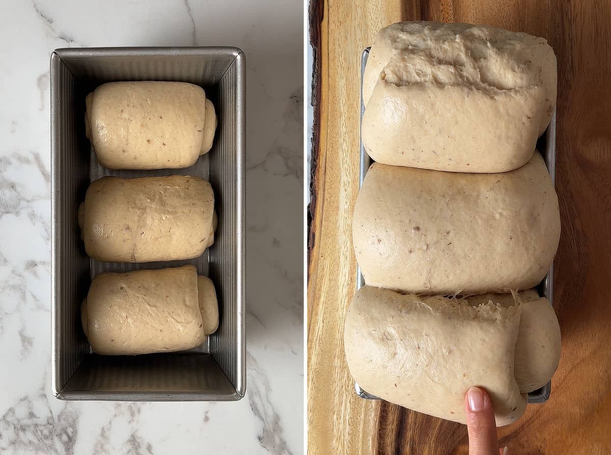 Apple butter sourdough milk bread before and after proofing.