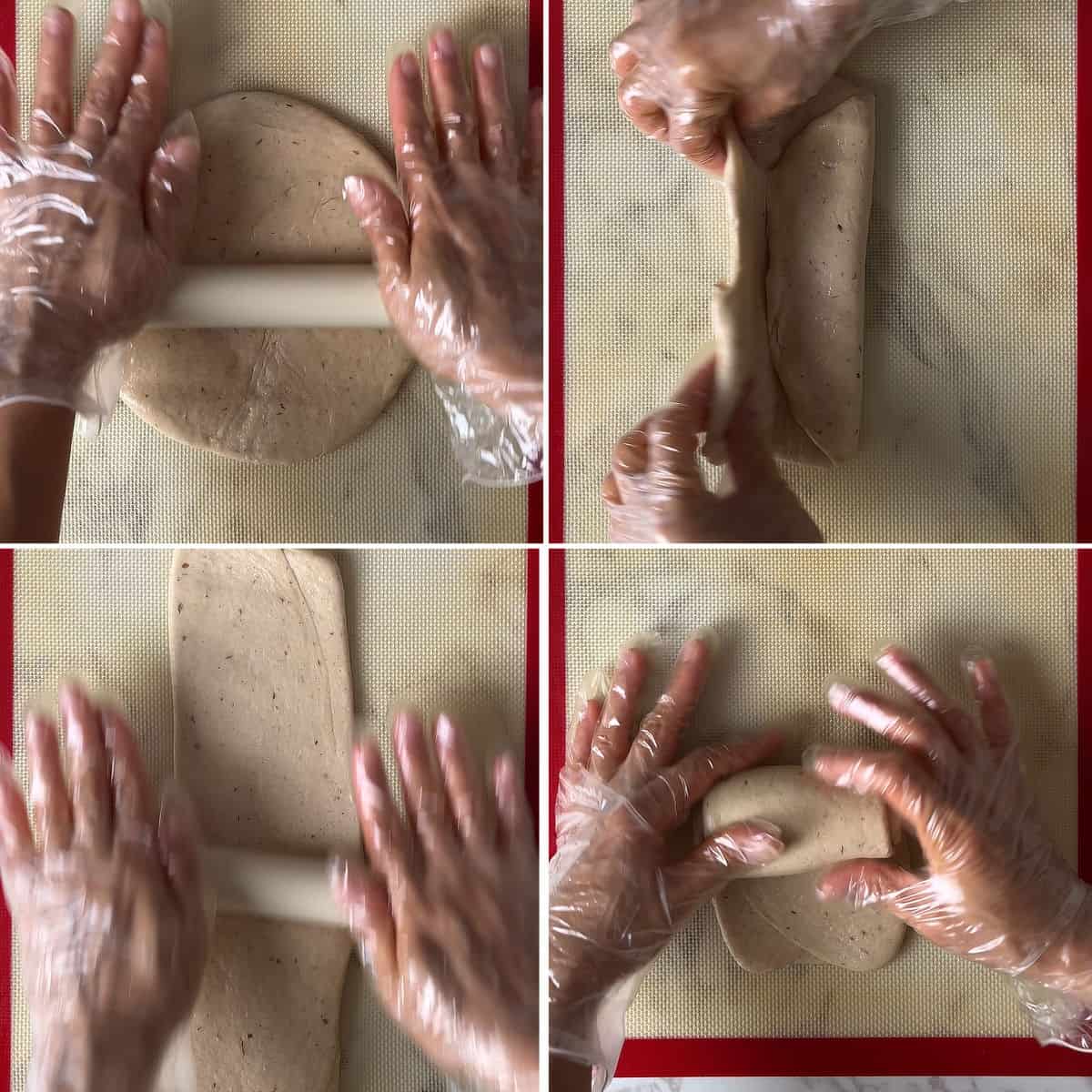 Rolling and shaping the dough into a log.