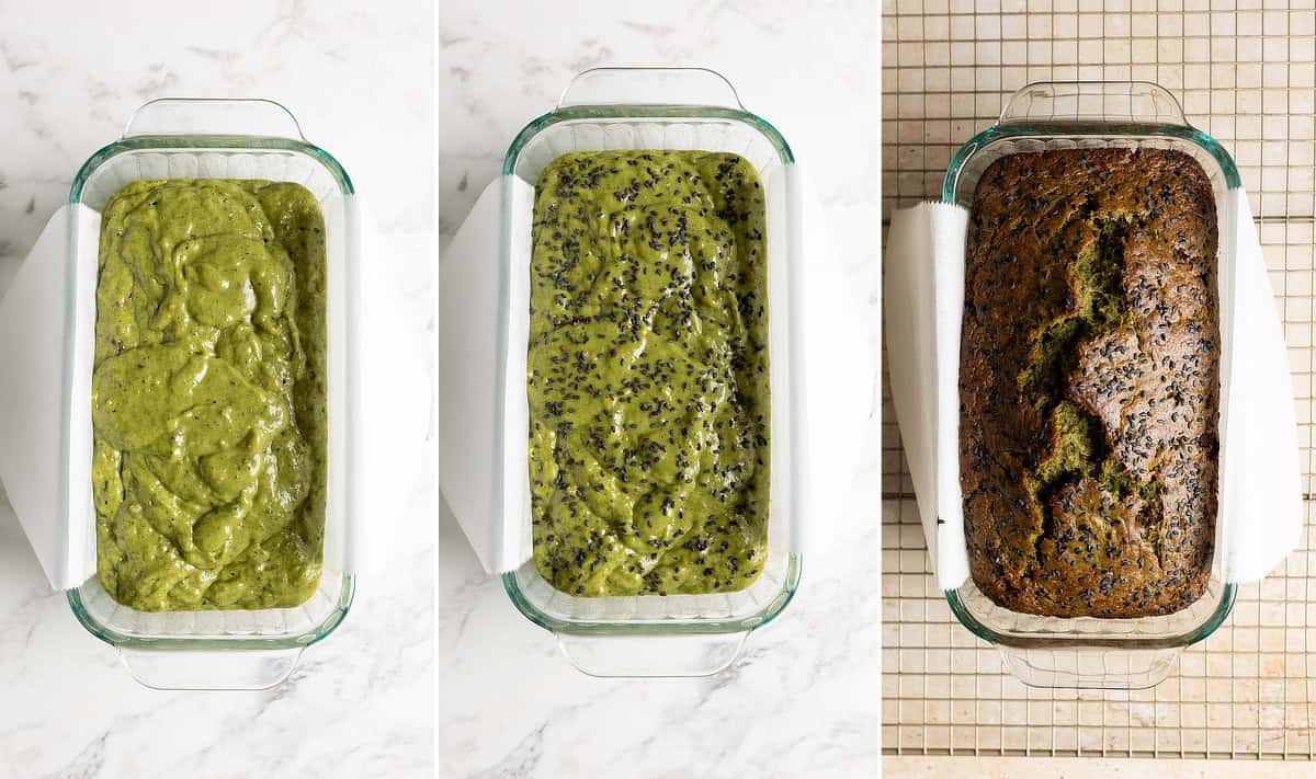 Collage of 3 photos showing matcha banana bread batter in a glass loaf pan, black sesame seeds on top, baked.