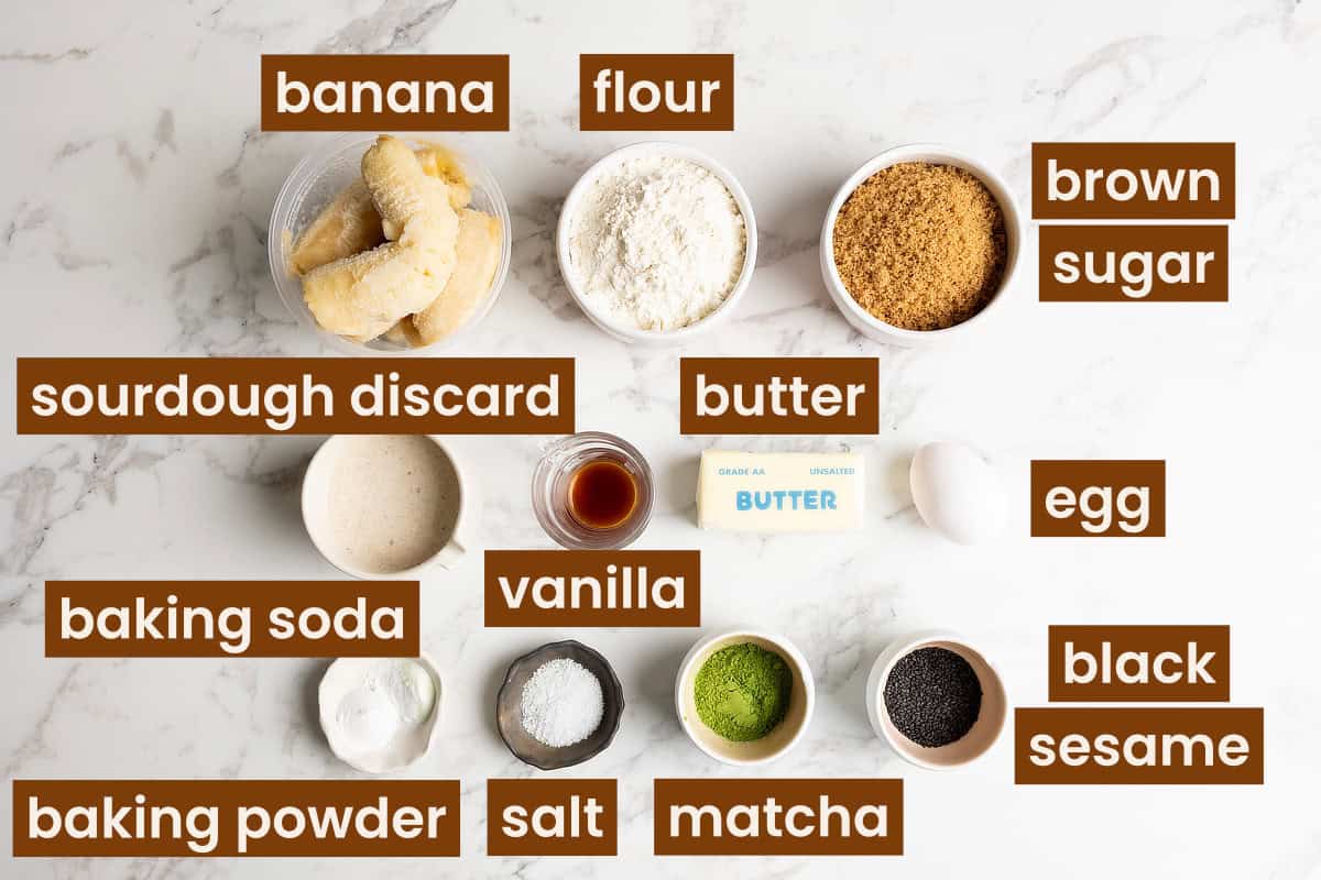 Ingredients for sourdough banana bread with matcha and black sesame.